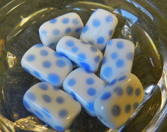Set of 8 White and Blue Polka Dot Rectangular Lampwork Glass Beads - 18mm - Handmade - Periwinkle, Light Blue