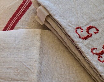 3 vintage french kitchen towels, 100% linen made in France, 1900s