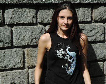 Нand Painted Black Singlet Top/Peacock Shirt/Peacock Clothing/Peacock hand painted Woman Singlet/Little black dress vests/Peacock Vest Top.