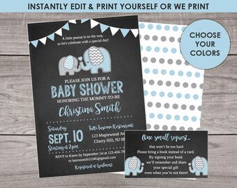 Elephant Baby Shower Invitation Template for a Boy - Instantly Edit, Download and Print Yourself with Templett! - Blue - Baby-102