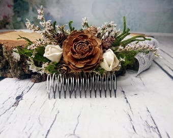 Green brown HAIR COMB cedar rose ivory sola flowers rustic woodland wedding, burlap hair piece, bridal accessory, custom, dried flowers