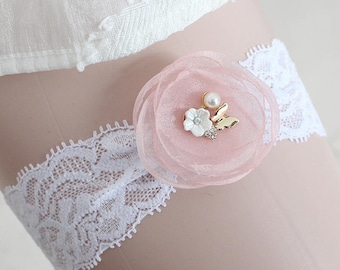 Wedding Toss Garter, Wedding garter lace, White Lace Bridal Garter, Chiffon Pink Rose with Peals Rhinestone on soft elastic white lace