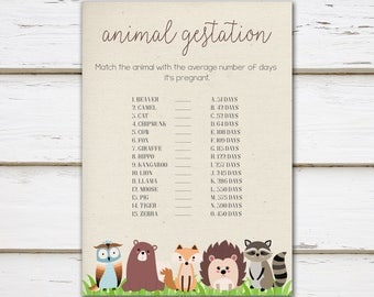Printable Woodland Baby Shower Game, Animal Gestation Game, Animal Pregnancy, Match the Baby Animal, Quiz, Spring, Woodland, MB200
