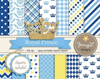 50% OFF Royal Little Prince Digital papers and Clipart, Gold Crown Baby Shower, Birthday Blue Birth Announcement, Scrapbooking Party Theme
