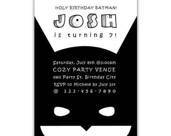 Batman Invitation, Holy Birthday Batman, Batman Invite, Batman Birthday Party, Batman Birthday, Batman Inspired, Black and White, Modern