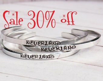 SALE 30% off Peter Pan Neverland Skinny 4.5mm Stacking Cuff Bracelets - Hand Stamped inspired jewelry quote bracelet | Peter Pan Jewelry