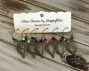 Hot Air Balloon, Wine Charm, Six Wine Charms, Balloon Ride, Wine Gift, Wine Accessory, Beer Glass ID, Party Favor, Bronze Decor
