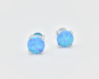 Opal Studs // Blue Opal Stud Earrings // 925 Sterling Silver // Small Round Opal Earrings // Round Silver Opal Studs // Post Backings