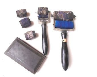 Set of Vintage Antique French Embroidery Rollers with 4 small and one large rubber stamps, Antique Ink Pad. Embroidery Stencils.