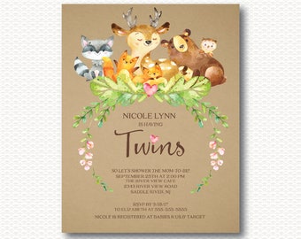 Twins Baby Shower Invitation, Woodland, forest, Animals, Deer, Bear, Owl, Fox, Raccoon, Watercolor, Cute, Unique, Kraft, Neutral, Printable,
