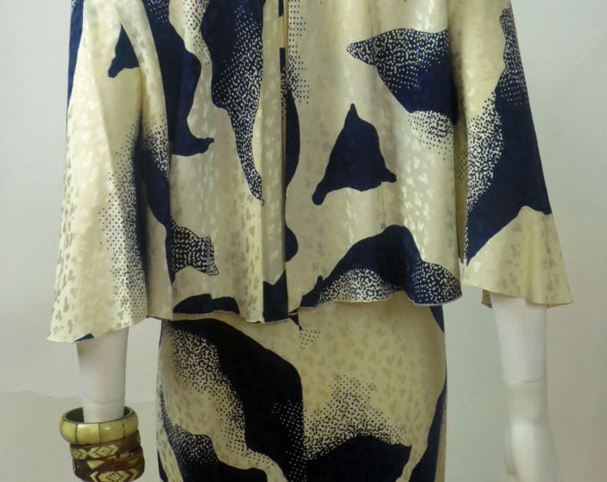 80s Maxim's de Paris jacquard ink blot printed ruffled cape sleeve silk charmeuse mini dress