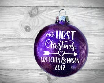 Our First Christmas 2017 Glitter Ornament Personalized with Couples Names | LARGE or Reg | Newlyweds, husband, wife, boyfriend, girlfriend