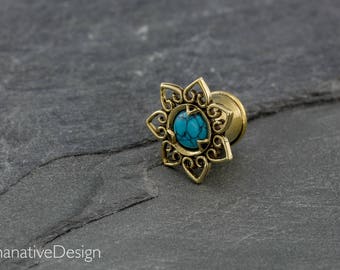 Unique 2g ear plugs with turquoise. flower plugs. stone plugs. ear tunnel and plugs. tribal ear plugs