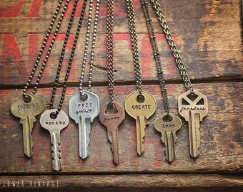 Key Necklace | MANY FONTS & CHAINS | Hand Stamped Vintage Personalized Repurposed Upcycled Inspirational Giving Boho Personalized Gift
