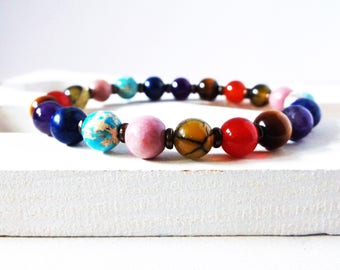 7 Chakra mala bracelet. Genuine stone high quality stretch bracelet. Spiritual healing. Chakra balancing. 8mm stones. For men or women