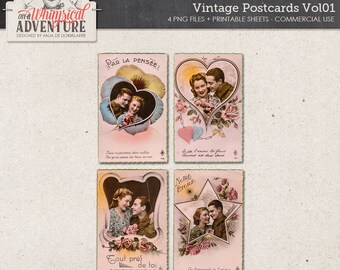 Printable Soldier Romance, Vintage French Postcards, Digital Download Commercial Use OK, Printable Collage Sheet, 1940s Love, Violets