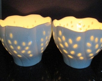 Dansk Votive Candleholder Midcentury Rice Porcelain Scalloped Edge Pair