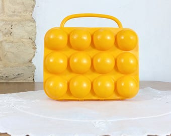 French Yellow Plastic Egg Box. Retro 70's Vintage French Egg Storage