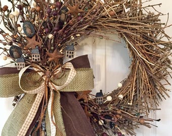 Brown and Beige Sunburst Twig Grapevine Wreath with Country Accents, Pip Berries, Rusty Stars and Rusty Tin Bow; Rustic Primitive Wreath