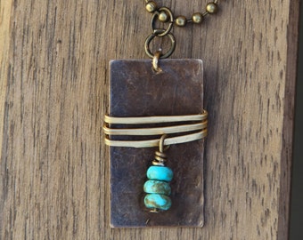 Antique Brass Rectangle Pendant / Gold Wire Wrapped / Turquoise Beads / Long Layered Necklace / Boho /Minimalist Jewelry / FREE SHIPPING