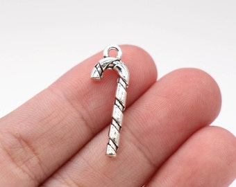 10 Pcs Candy Cane Charms Christmas Charms Pendants Antique Silver Tone 3D 26x10mm - YD0209