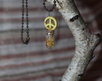 Citrine Vial Peace Sign Necklace, Peace Sign Necklace, Crystal Vial Necklace