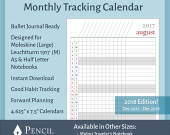 2018 Monthly Printable Calendar Tracker for Bullet Journals, Moleskine & Leuchtturm