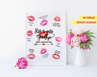 Kiss the Miss Goodbye 8.5 x 11 inch Customizable Printable Fillable Form Guestbook Bachelorette, Bridal Shower Game
