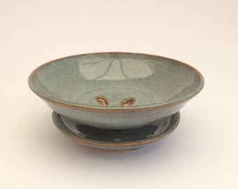 Handmade Ceramic Soap Dish with drainage saucer, Turquoise Blue, Unique, Stoneware, artisan, UK studio pottery, 10.75cm dia x 4.25cm H