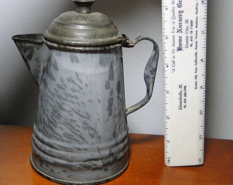 Scarce 6 1/2" Grey Graniteware Coffee Pot - Scarce Small Grey Enamelware Coffee Pot - Hard To Find!