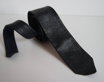 Vintage Dark Blue Leather Skinny Tie, Leather Necktie, 1980s