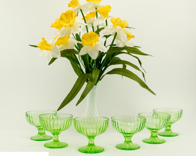 Green Depression Glass | Uranium Glass | Dessert Dishes | Glass Sherbet Side Dishes | Set Of 6