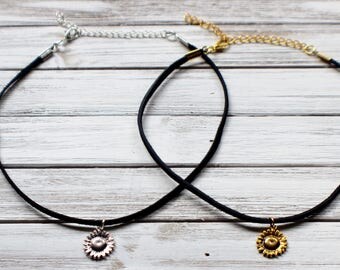 Sunflower Choker- Black Suede Choker- Sunflower Necklace