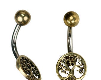 Piercing nombril bague du ventre en acier chirurgical / Brass and 316L steel Navel Bars Tree of life.