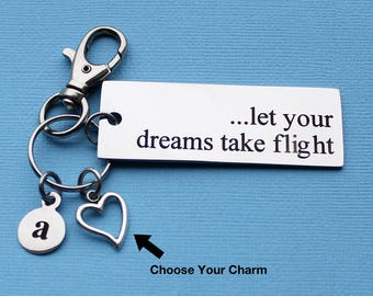 Personalized Inspirational Key Chain Let Your Dreams Take Flight Stainless Steel Customized with Your Charm & Initial - K140