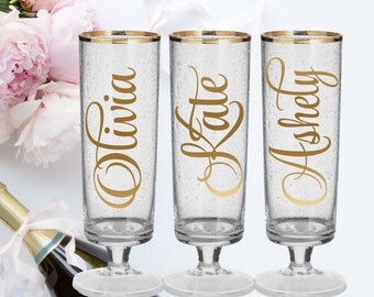 Champagne Glasses - Gold Rimmed Bridesmaid Flutes - Customize - Personalize - Bridal Party