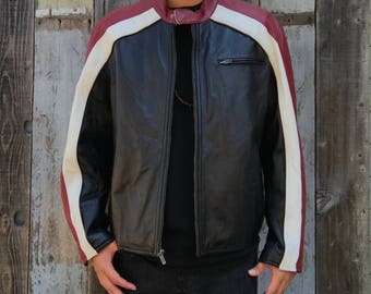 Vintage Wilson's Leather Jacket, WIlson's Leather Striped Jacket, Mens Wilson Leather Jacket, XXL Black Leather Motorcycle Jacket