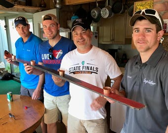The sophisticated shot ski. Vintage antique wood ski with red black patina and copper shot glasses. One of kind piece of art.