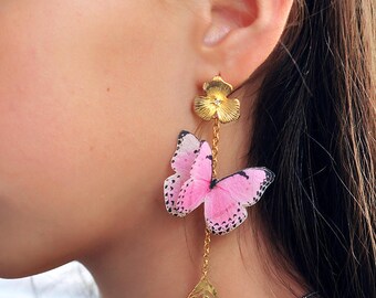 gift for her pink jewelry Butterfly earrings gift girl earrings pink butterfly gold leaves earrings long chain pink earrings Sister gift