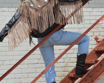 1980s Two Toned Leather Fringe Motorcycle Jacket, Women's SZ S, Vintage Black And Faded Brown Jacket