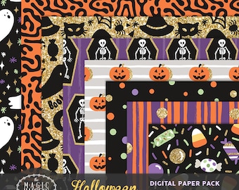 Halloween Digital Paper, Halloween Background, Halloween Seamless Pattern, Halloween Paper, Halloween Digital, Purple, Orange, Green, Black