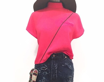 HOT PINK Blouse VINTAGE High Neck Boxy Top