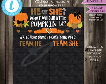 Fall Pumpkin Gender Reveal Party Chalkboard- Cast your Vote Team He or She- Matching- Brown Orange Pumpkin He or She INSTANT Self-EDITABLE
