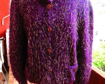 Purple Cardigan hand made wool and gold/S 90