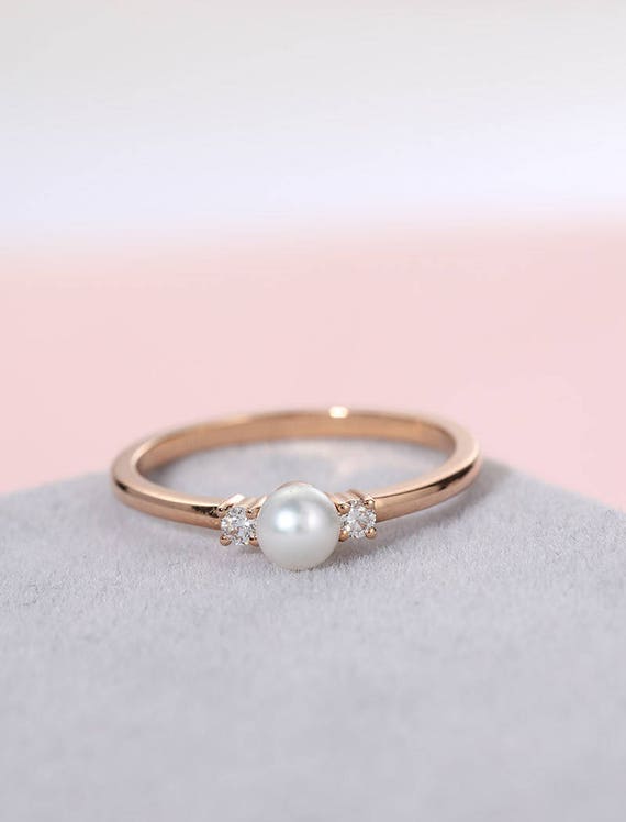 Pearl engagement ring rose gold vintage Diamond wedding women