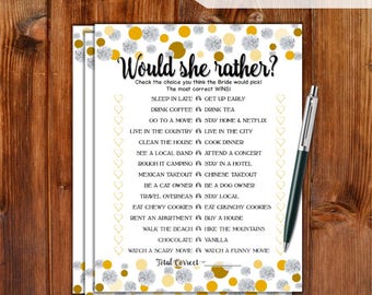 Would She Rather Bridal Shower Game - Gold Dots & Diamonds Printable Bridal Shower Game - Bachelorette Party Night - Hen Party Game DD79-GD