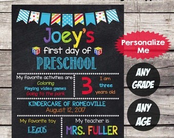 First Day of PRESCHOOL Sign First Day of School sign First Day of School Chalkboard Printable Personalized Back to School Sign ANY GRADE #7