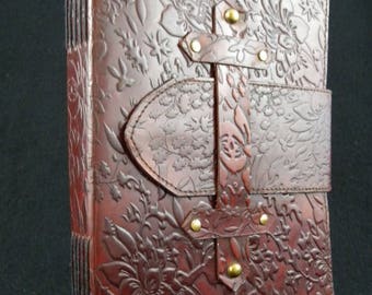 Large Handmade Leather Journal - Hand-Tooled Floral Design - with Dual Paper