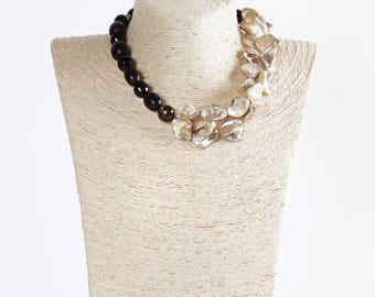 Crew neckline with Smokey Quartz, Onyx, ebony, mother of Pearl