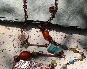 Bohemian necklace, boho, poetic, asymmetrical, copper embossed, hammered copper, Lampwork, gem stones, butterfly beads